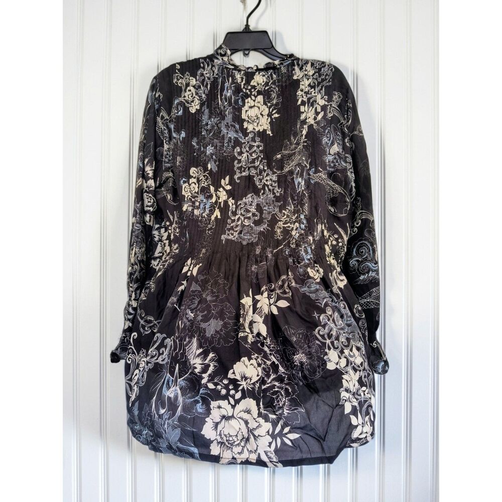 Johnny Was embroidered Black Blue Silk Shirt, Boho Coastal Blouse, Size Large